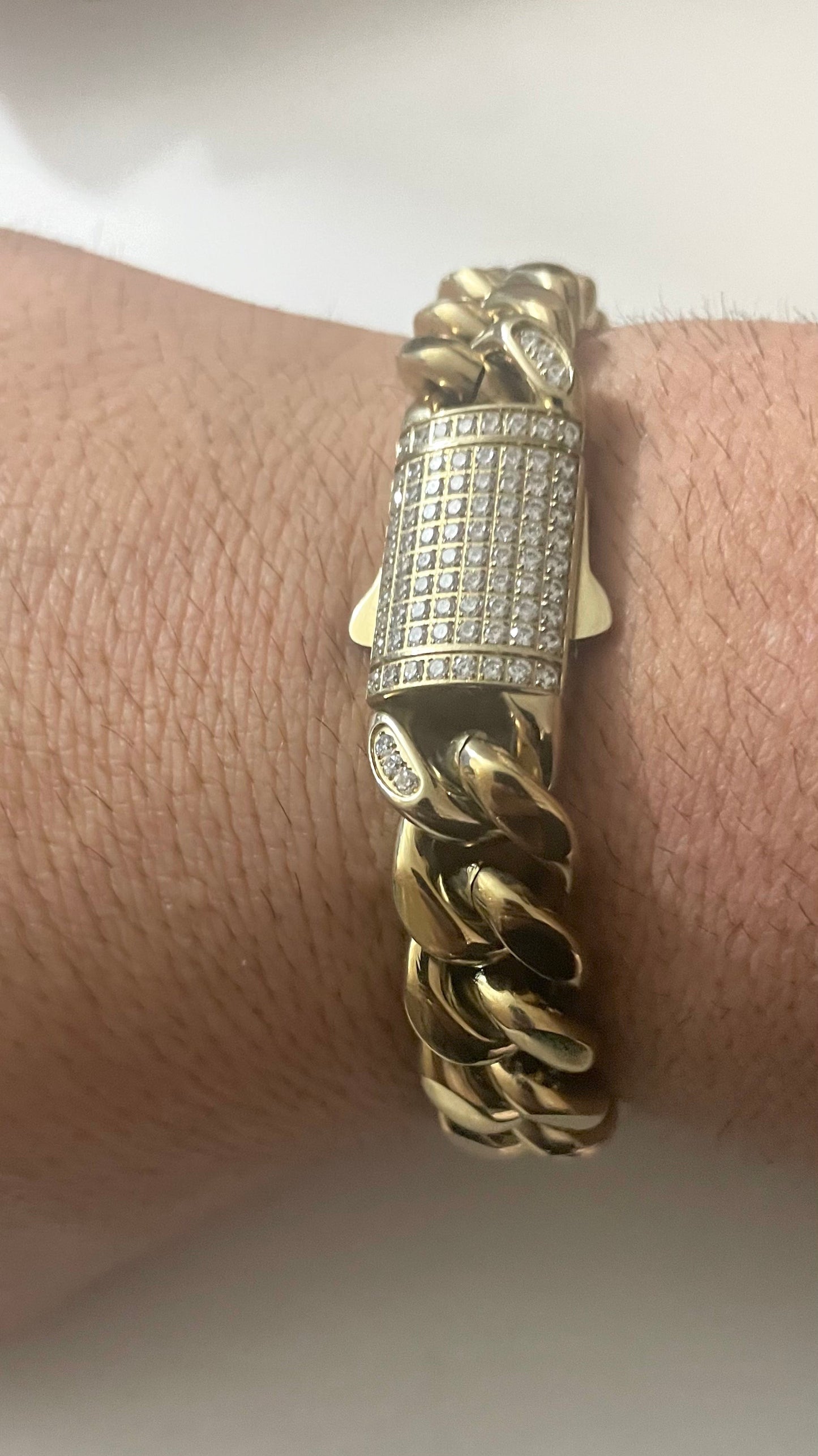 Pulsera Cubana Cierre Mónaco 14mm S.Steel 316L Baño Oro 14k