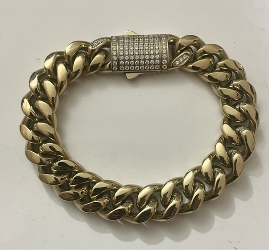 Pulsera Cubana Cierre Mónaco 14mm S.Steel 316L Baño Oro 14k